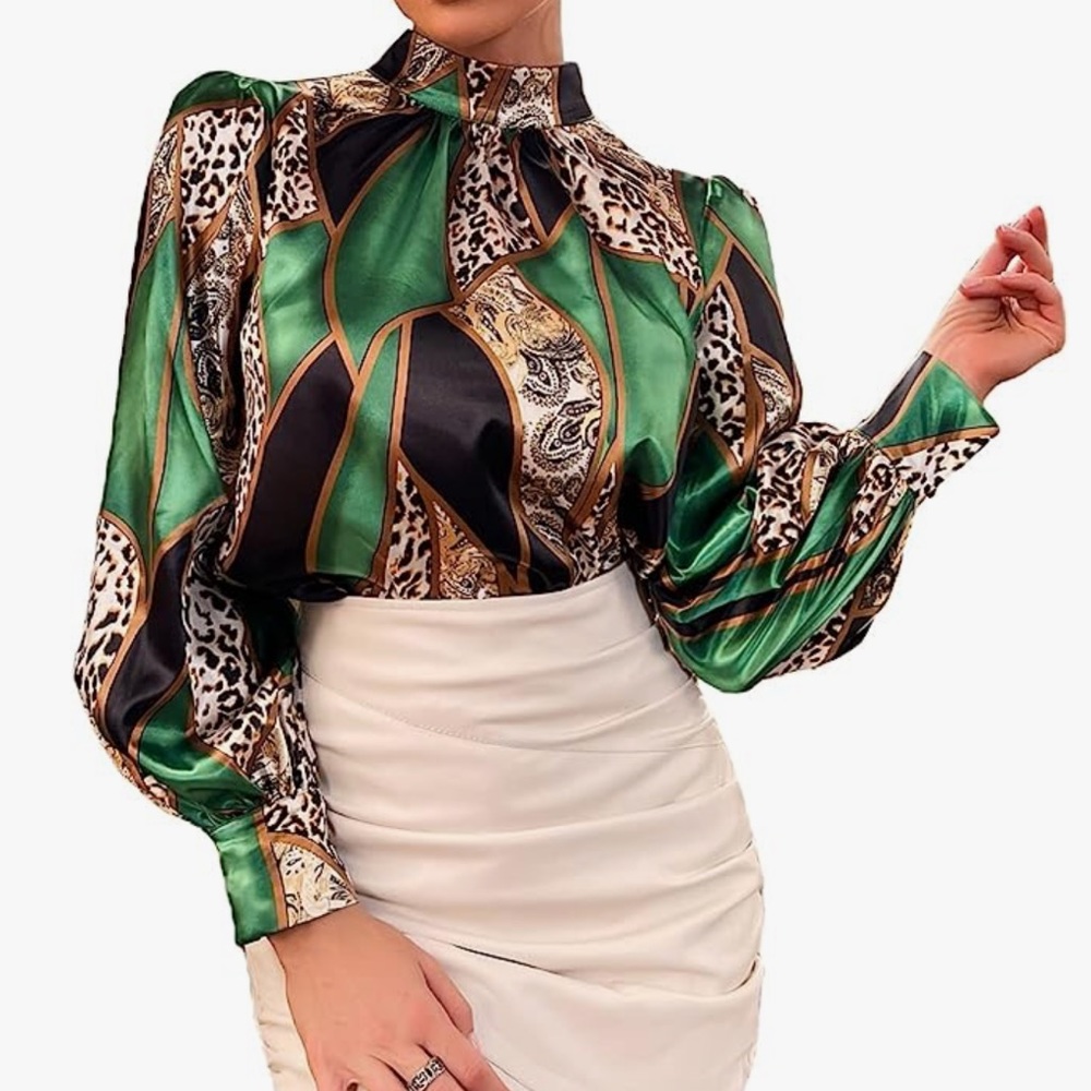 Women's Casual Long Sleeve Mock Neck Office Leopard Satin Blouse Top Shirt LARGE - Picture 1 of 4